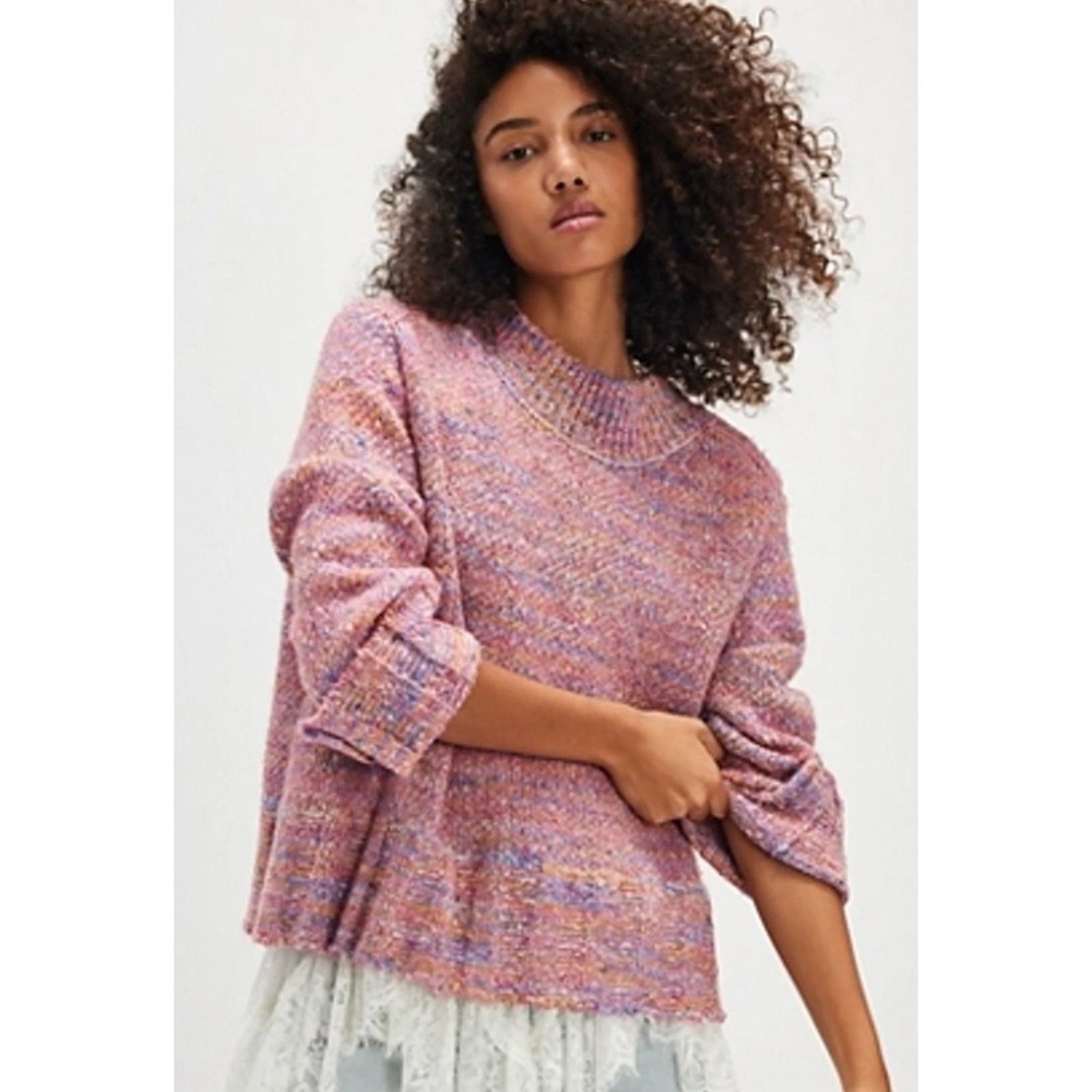 Free People Cotton Candy Pink Maximalist Oversized Boho Cottage Cozy Sweater  L
